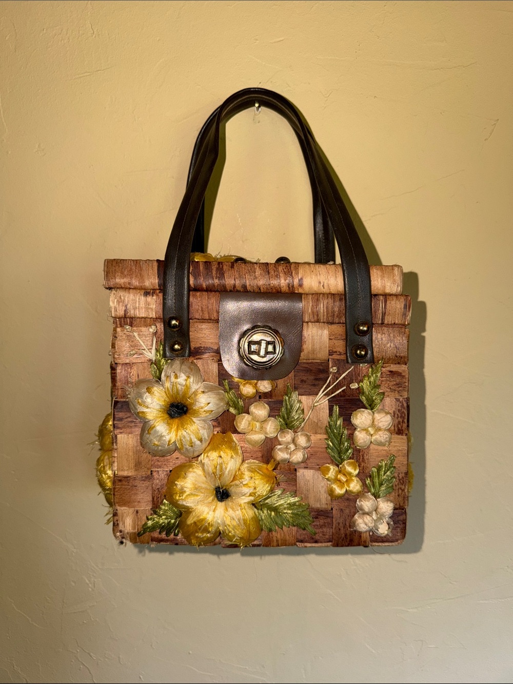 Vintage Handcrafted Floral Woven Tote Bag in Brown and Yellow JS-106